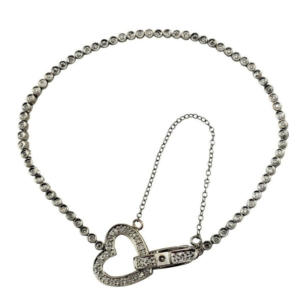 Vintage 14 Karat White Gold Diamond Tennis Bracelet with Heart Clasp #16401